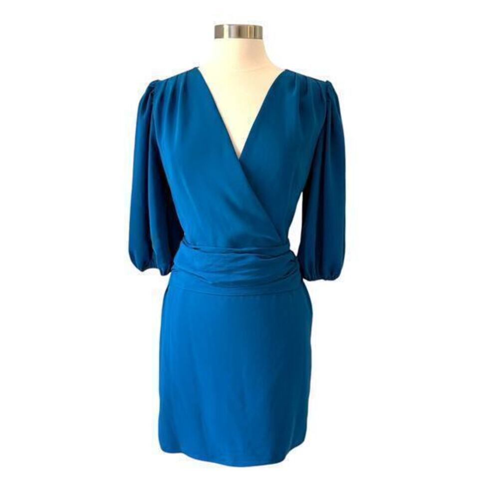 Amanda Uprichard Alida Dress Puff Sleeve Tie Waist Blue Size S Small Puff Sleeve